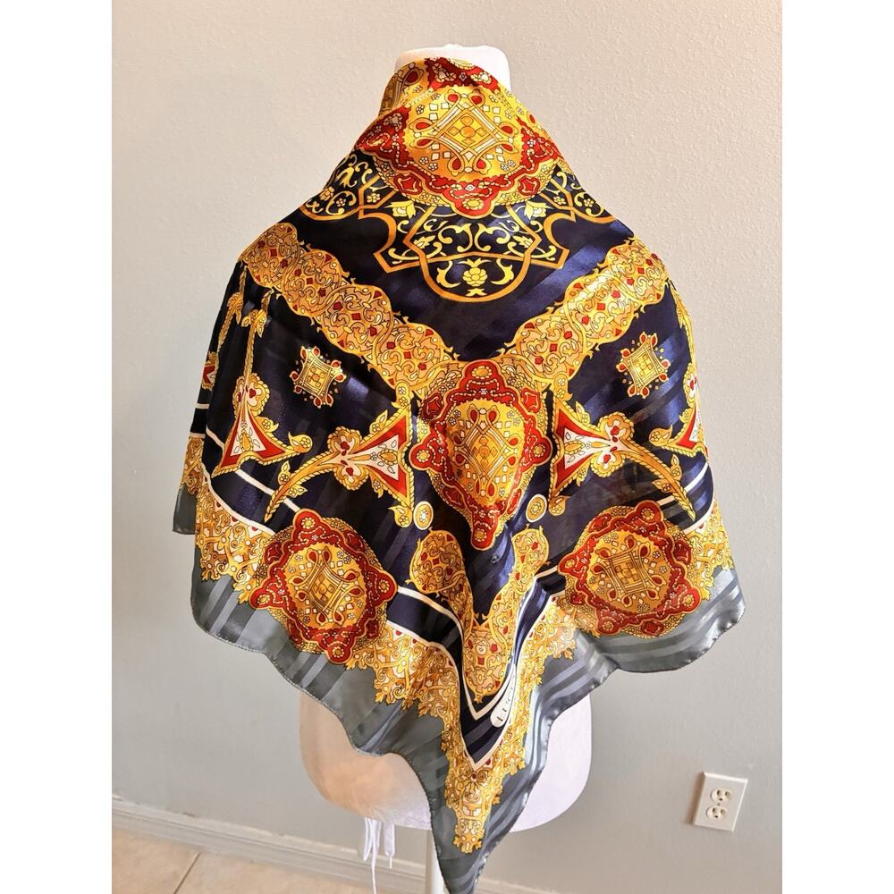VTG Lucky 100% Silk Scarf Large Baroque Medallion Blue Gold Satin Stripe Border - Picture 4 of 16